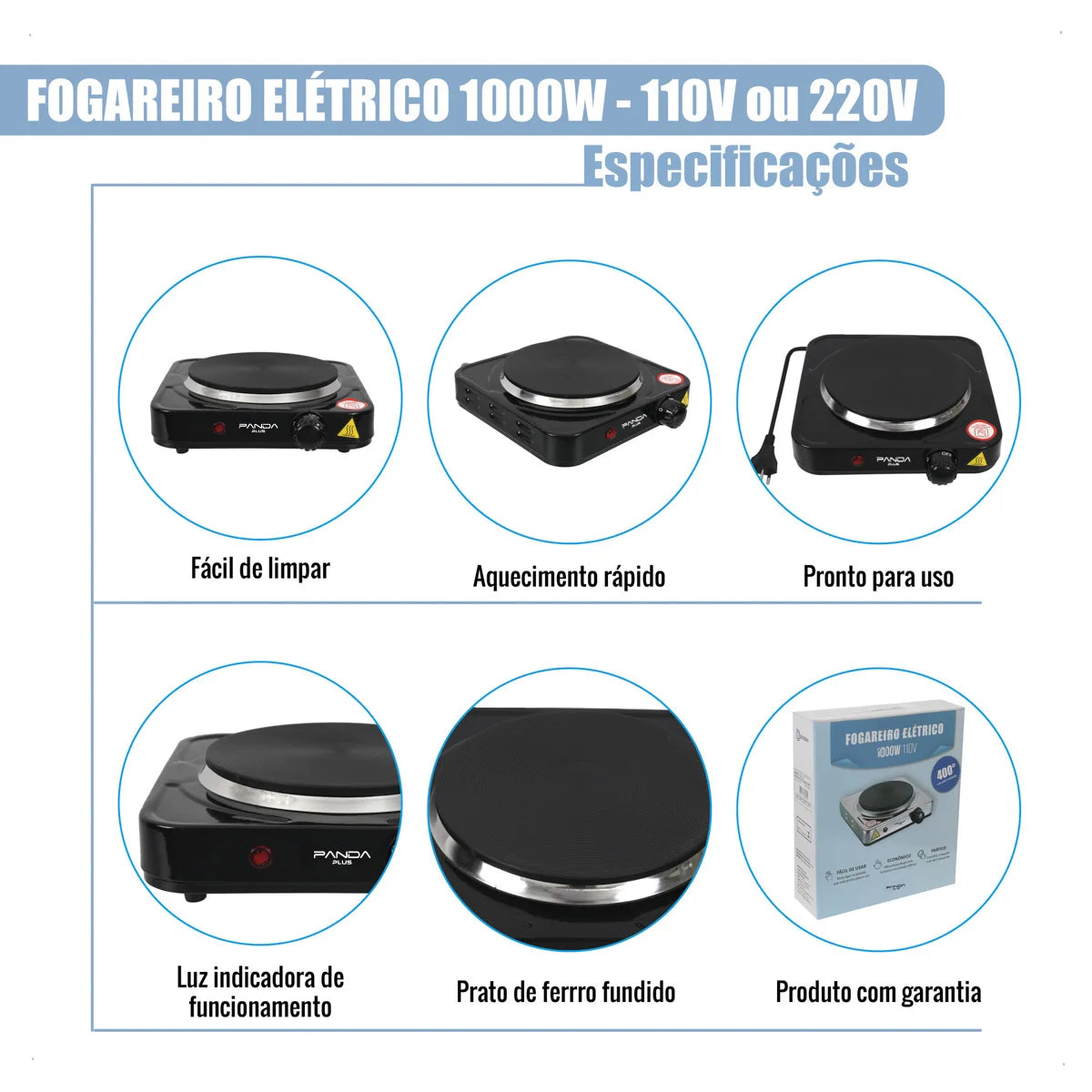 Fogão Elétrico Portátil 1 Boca 1000W – Acendimento Automático, Compacto, Ideal para Viagem e Uso Diário