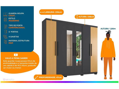 Wardrobe Couple with Mirror 6 Doors 4 Drawers Araplac Braga