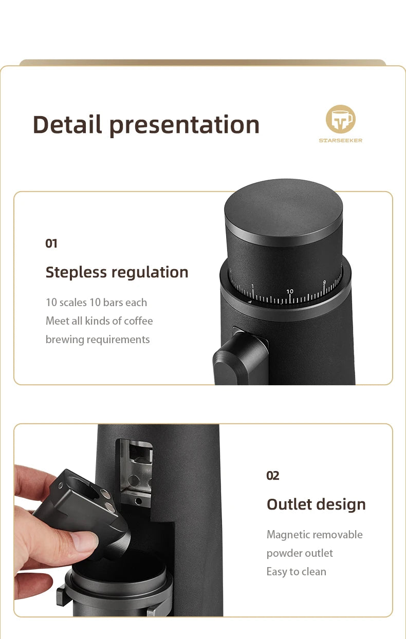 STARSEEKER EDGE Titanium Burr Coffee Grinder 48MM Espresso Burrs Stepless Fineness Adjustment Electric Coffee Grinders Black