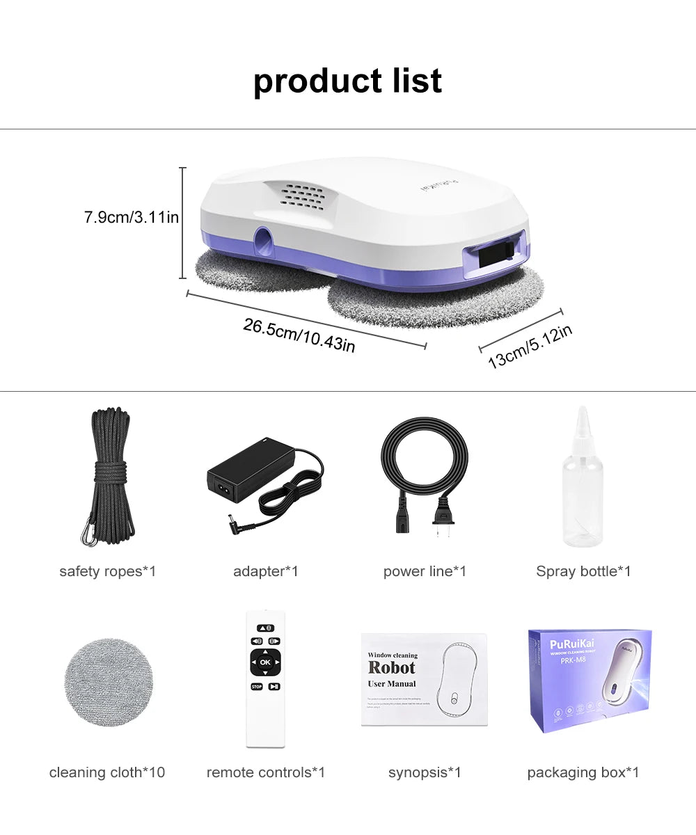 PuRuiKai  Window Cleaning Robot Automatic with Auto Dual Spray 5600Pa Suction Remote Control Edge Detection for Home