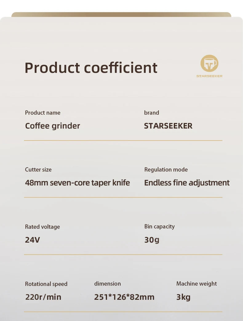 STARSEEKER EDGE Titanium Burr Coffee Grinder 48MM Espresso Burrs Stepless Fineness Adjustment Electric Coffee Grinders Black