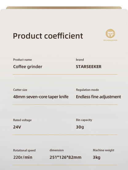 STARSEEKER EDGE Titanium Burr Coffee Grinder 48MM Espresso Burrs Stepless Fineness Adjustment Electric Coffee Grinders Black